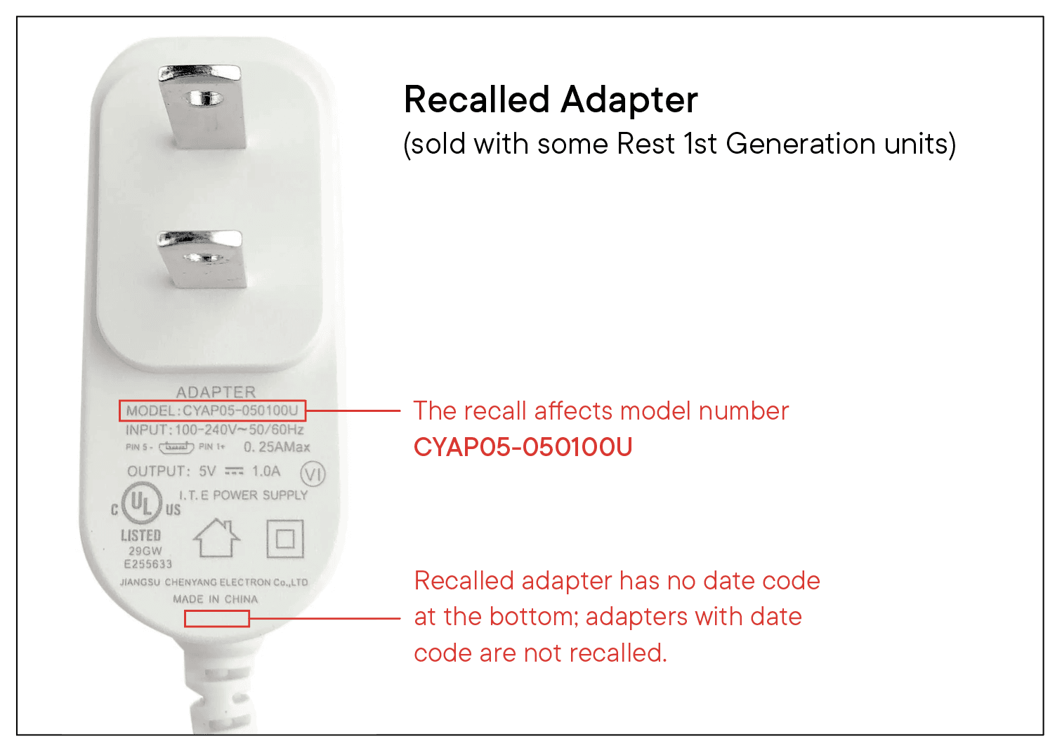 Image of recalled Rest gen 1 adapter, highlighting that recalled adapters have model number CYAP05-050100U with no date code under the "Made in China" print