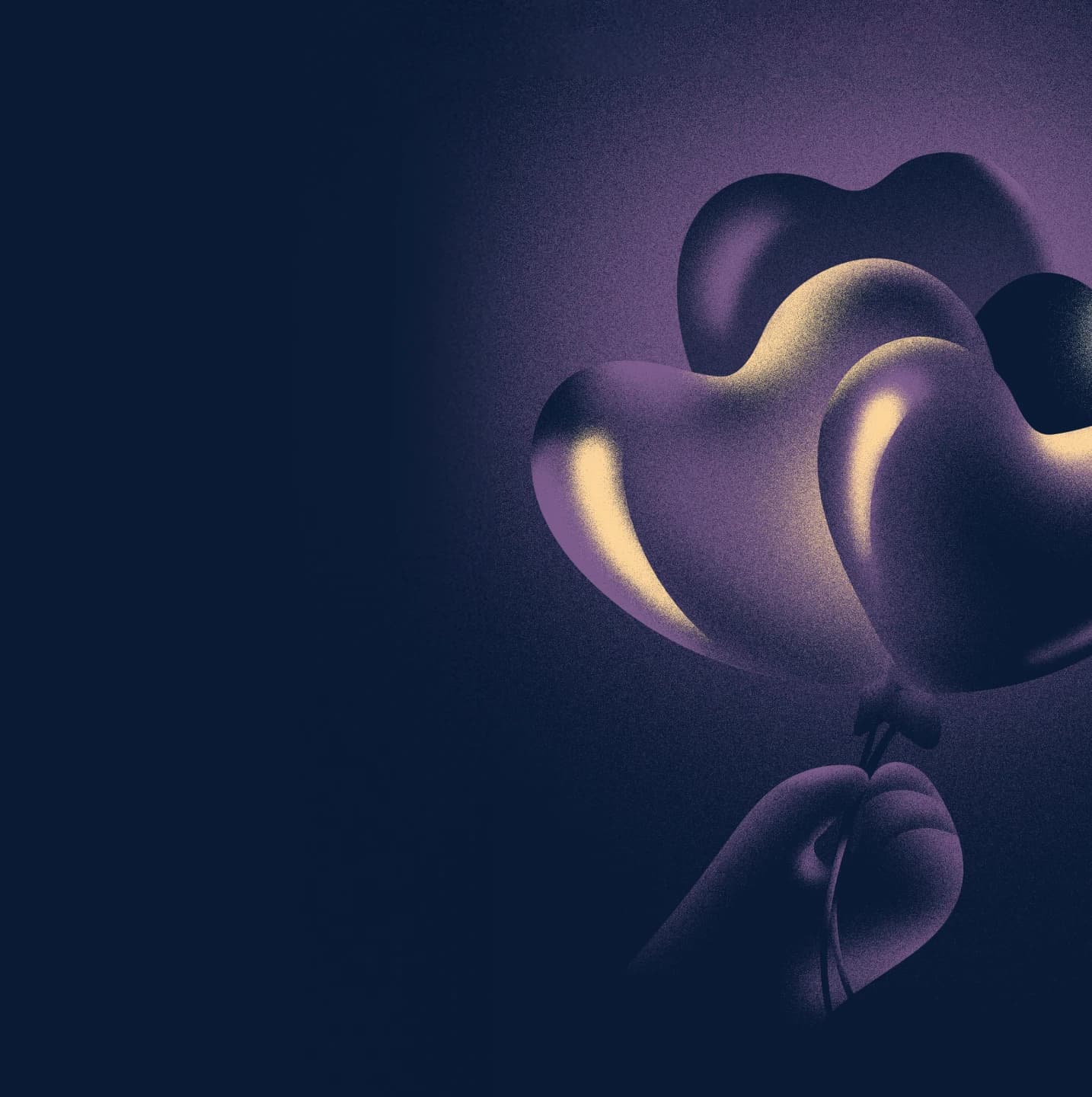 Stylized illustration of a hand holding heart shaped balloons