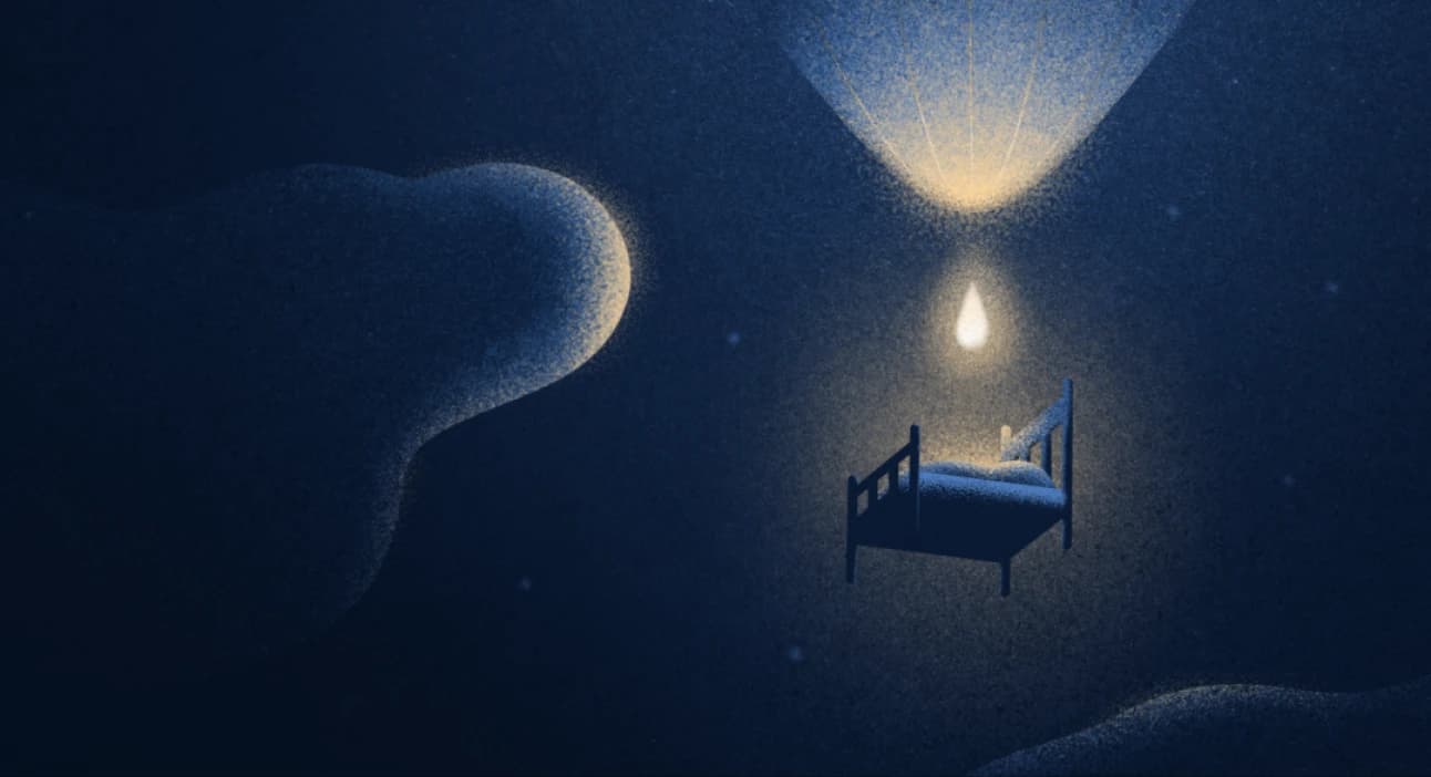 Stylized illustration of a bed floating through the night sky